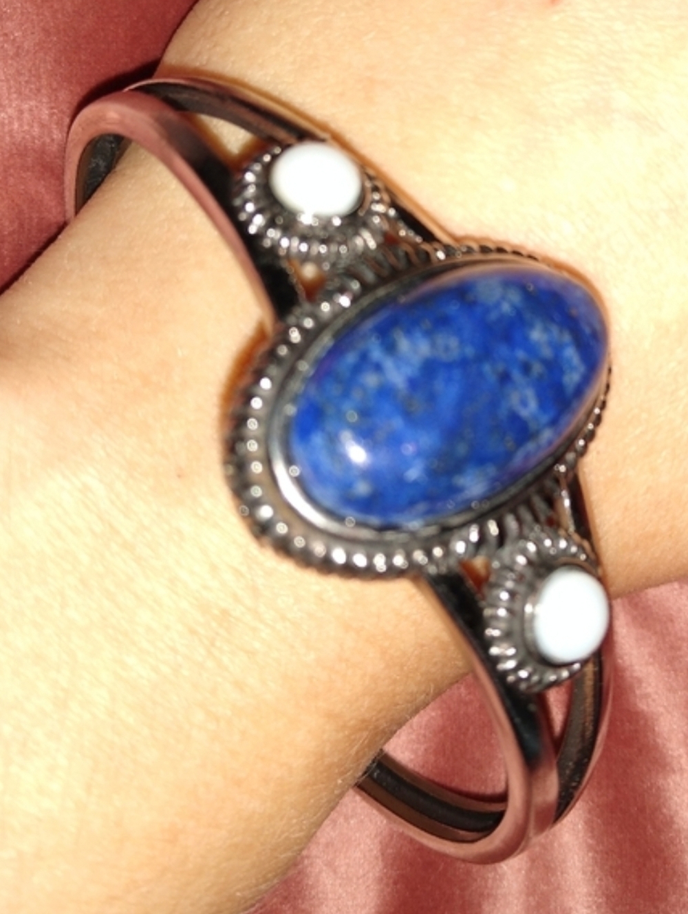 Big Blue Lapis Oval Stone Cuff Silver Bracelet Large Wrist Lazuli Gem Cabachon